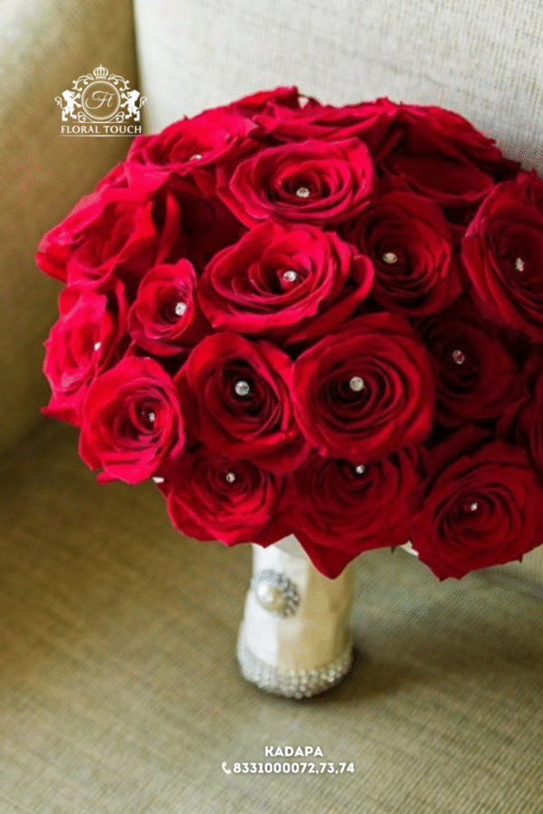 Luxury Red Rose Bridal Bouquet with Crystal Accents – Floral Touch Kadapa