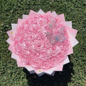 Elegant Pink Satin Rose Bouquet with Butterfly Decor – Floral Touch Kadapa