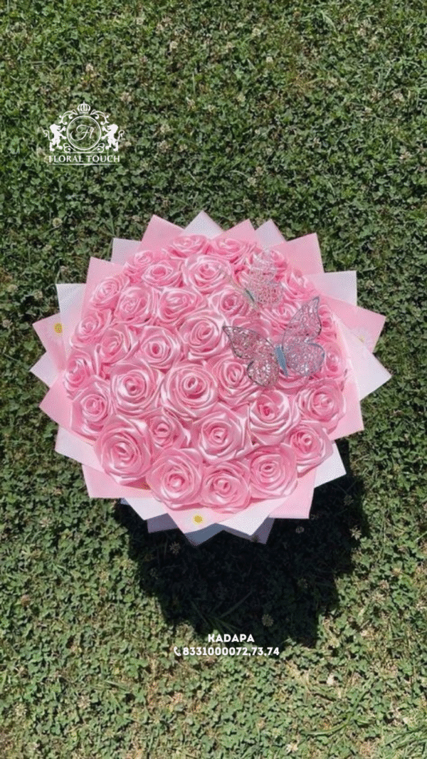 Elegant Pink Satin Rose Bouquet with Butterfly Decor – Floral Touch Kadapa