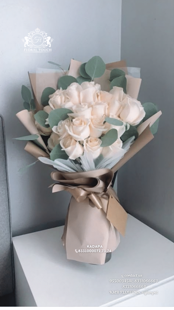 Elegant White Rose Bouquet with Eucalyptus – Floral Touch Kadapa