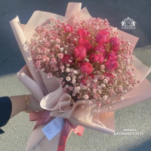 Blushing Pink Rose and Baby’s Breath Bouquet – Romantic Floral Arrangement