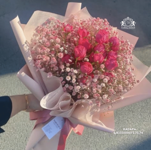 Blushing Pink Rose and Baby’s Breath Bouquet – Romantic Floral Arrangement