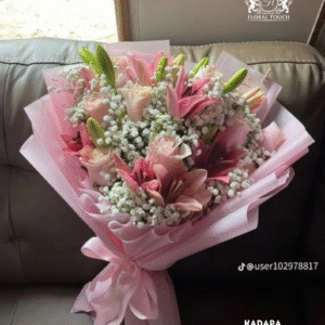 Blush Elegance Pink Lily and Rose Bouquet with Baby’s Breath