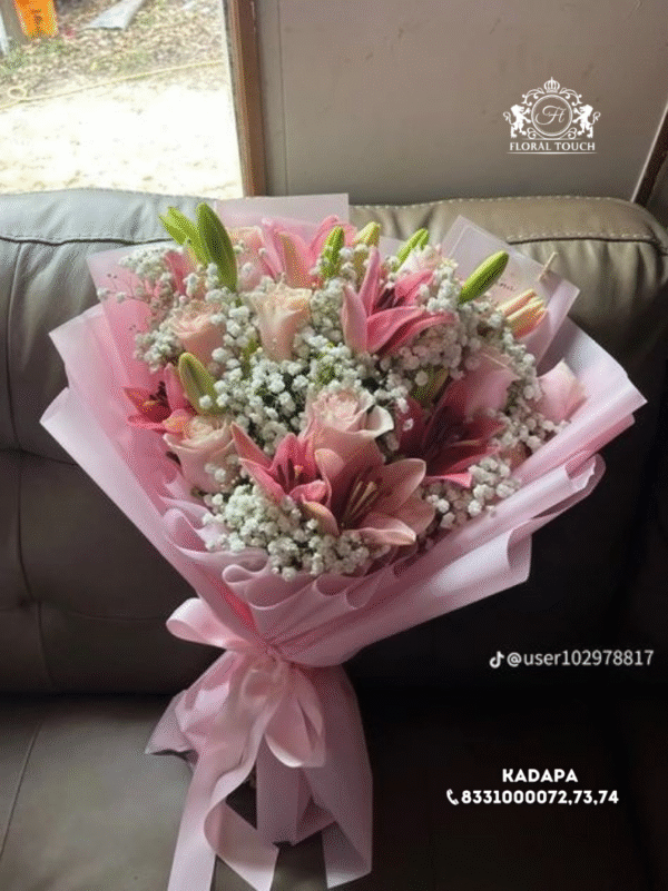 Blush Elegance Pink Lily and Rose Bouquet with Baby’s Breath