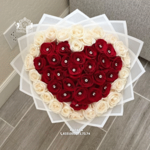 Heart-Shaped Red and White Rose Bouquet with Crystal Accents – Romantic Floral Arrangement