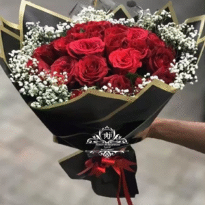 Classic Red Rose Bouquet with Baby’s Breath Wrapped in Elegant Black and Gold Paper