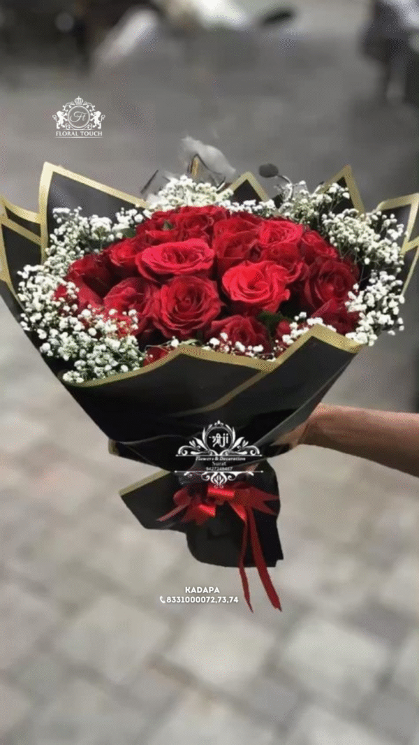 Classic Red Rose Bouquet with Baby’s Breath Wrapped in Elegant Black and Gold Paper