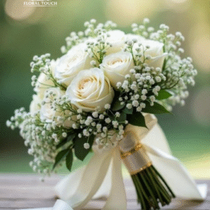 Elegant White Rose Bridal Bouquet with Baby’s Breath and Satin Ribbon