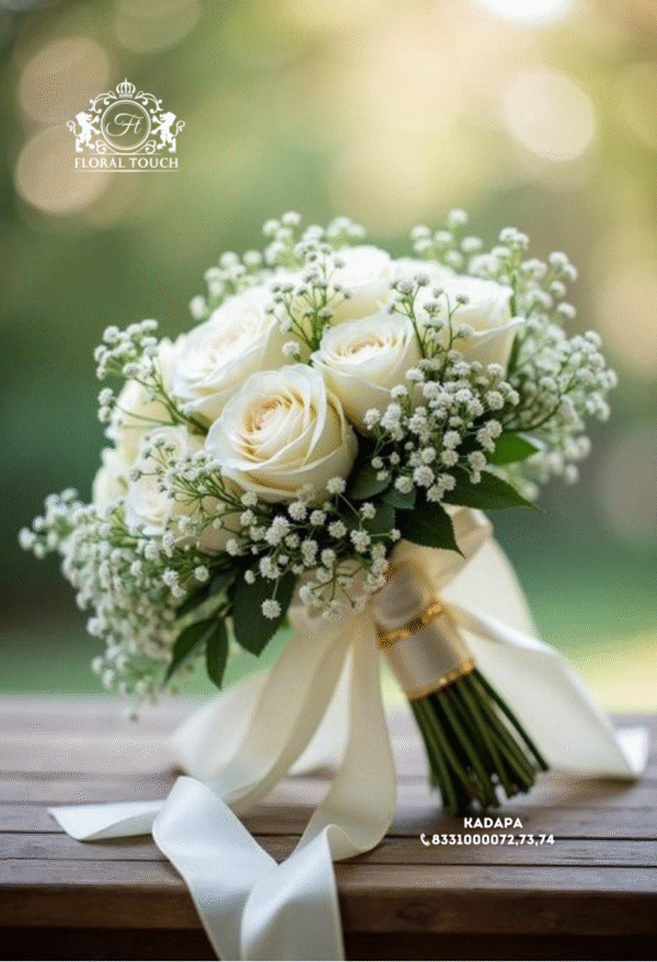 Elegant White Rose Bridal Bouquet with Baby’s Breath and Satin Ribbon